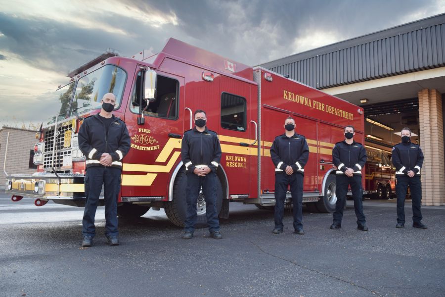 </who>Posing COVID-style with facemasks in front of a Kelowna Fire Department rescue truck are firefighters Lieutenant Peter Stantic, left, Stacy Young, Chris Macdonald, Tristan Watters and Steve Neale.