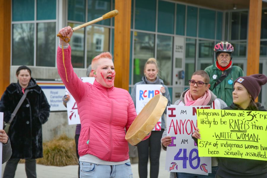 Dozens protested outside of the RCMP detachment against the high number of unfounded sexual assault reports.