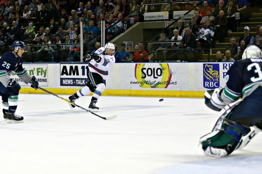 <who>Photo Credit: KelownaNow</who>Rourke Chartier had a fantastic game, netting a beautiful goal, creating scoring chances, and dishing out solid hits as well.