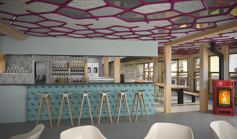 <who>Photo Credit: Pangea Pod Hotel</who>Artist's rendering of the hotel café and bar
