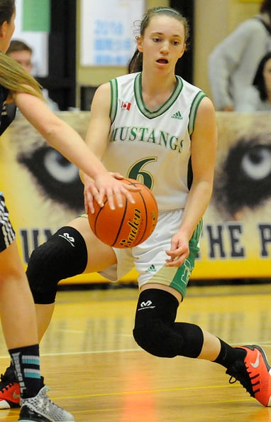 <who>Photo Credit: Lorne White/KelownaNow </who>A 45-point effort by Kate Johnson led Mustangs in AA opener.