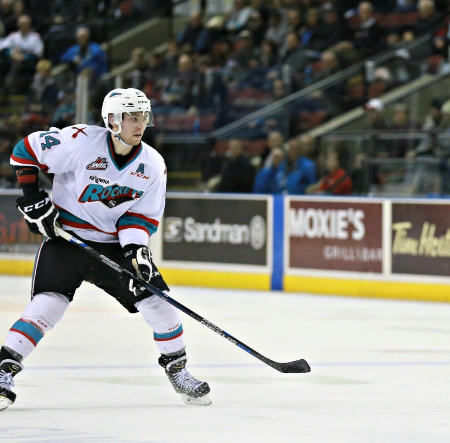 <who>Photo Credit: KelownaNow</who>Rourke Chartier kicked his offence game up a notch with a hat trick performance.