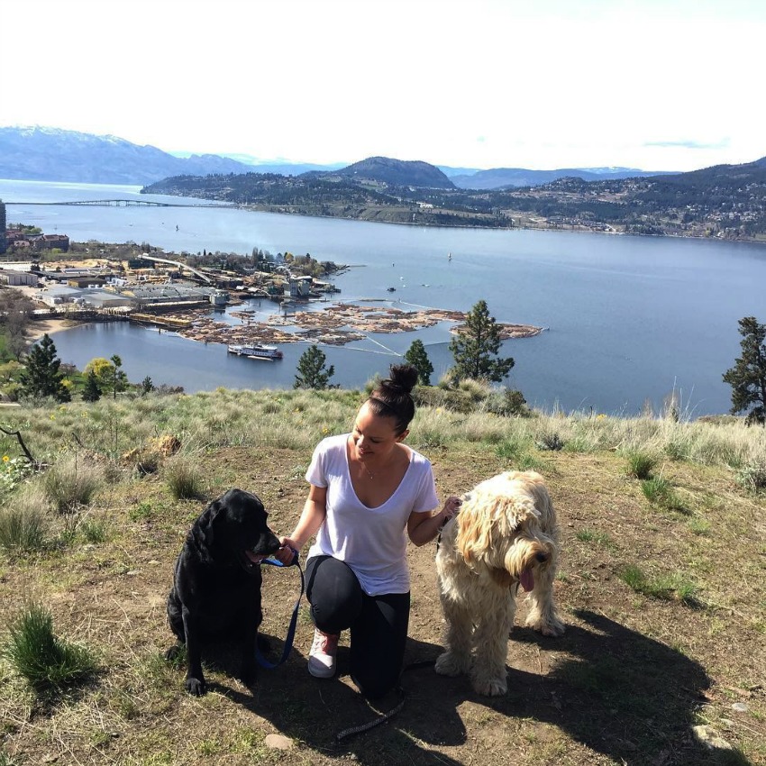 <who> Photo Credit: Submitted. </who> Cortese with her dogs, Benny and Stella, hiking Knox Mountain. 
