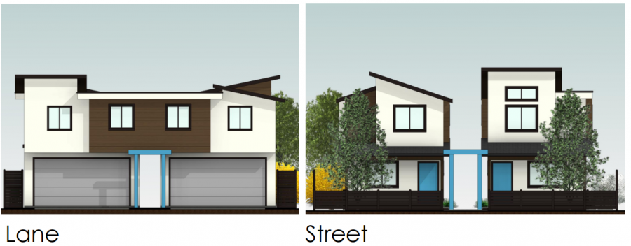 <who> Photo Credit: City of Kelowna/Infill Challenge </who> Concept design of the two homes on a single property facing the lane.