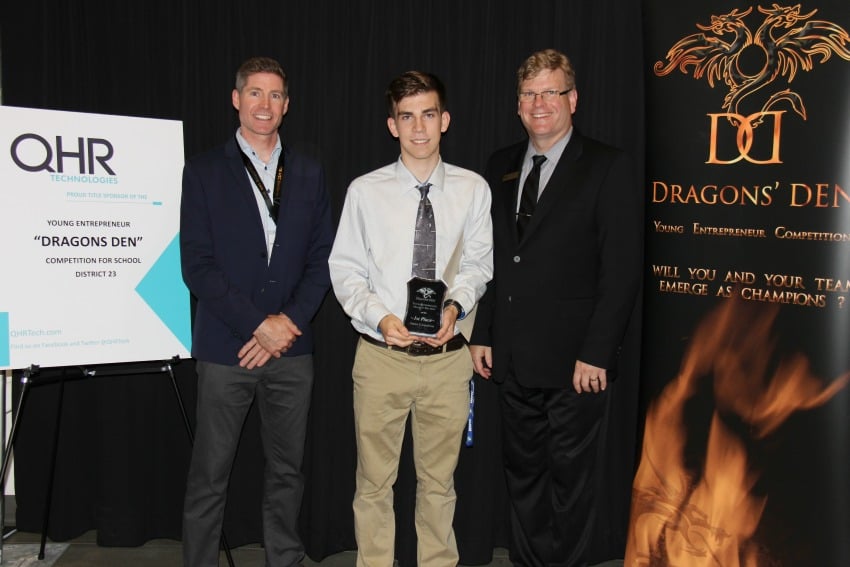 From L to R: Mike Checkley, QHR Technologies (title sponsor) Josh Ruda, First place Secondary and Kevin Kaardahl, SD23 Superintendent of Schools.