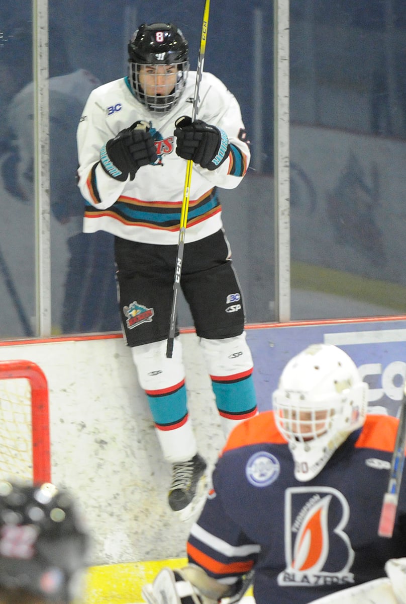 <who>Photo Credit: Lorne White/KelownaNow </who>Nicholas Bolin celebrates his goal against his former teammates in the first period on Sunday.