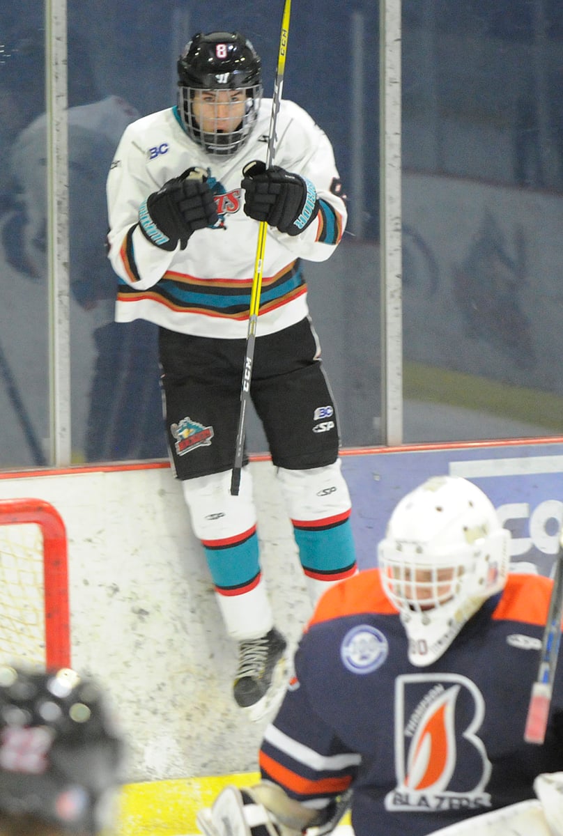 Nicholas Bolin celebrates his goal against his former teammates in the first period on Sunday.