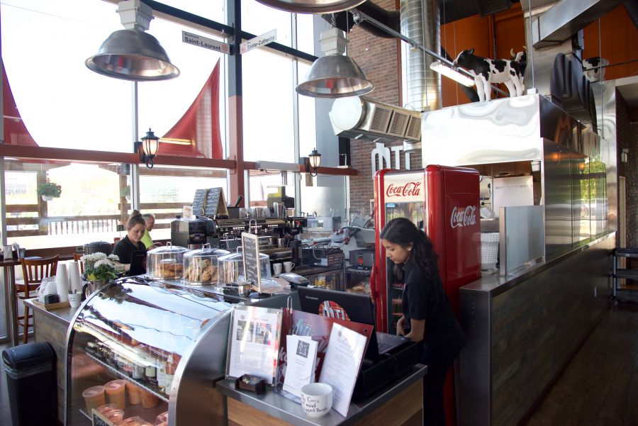 The restaurant is very modern looking with its glass wall and stainless steel accents