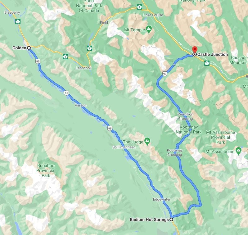 <who>Photo Credit: Google Maps</who>The month-long detour will take travellers through Radium Hot Springs.