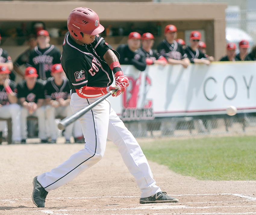 <who>Photo Credit: Lorne White/KelownaNow </who>Erik Junnola collected two hits, including a double, in the OC Coyotes' semifinal loss to Thompson Rivers University on Sunday.