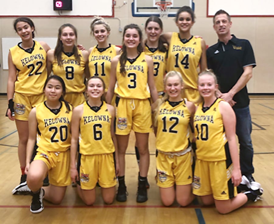 <who>Photo Credit: Contributed </who>The Kelowna Owls retained their No. 1 provincial ranking among junior girls basketball teams with their win in Victoria. Members of the team are, from left, front: Carmela Jovez, Teah Thachyk, Felicity Hanson and Halle Foley. Back: Kai Forster, Denae Skelton, Phoebe Molgat, Kennedy Day, Dani Mellon, Mekhila Brown and Robin Espenberg (head coach).