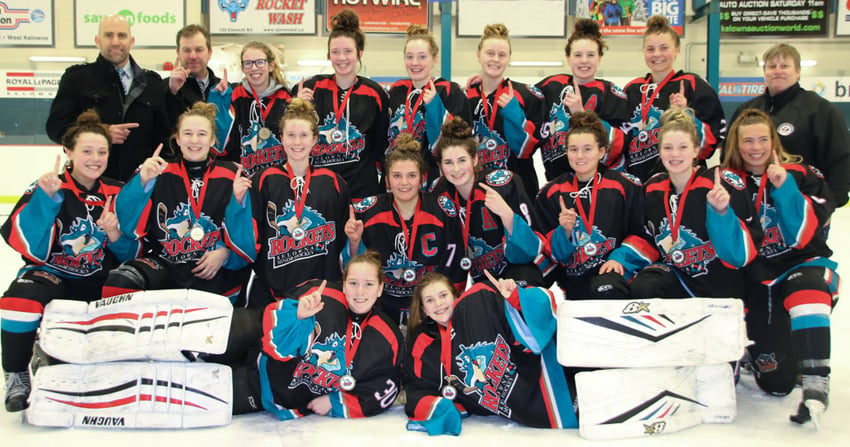 <who>Photo Credit: Contributed</who>The Kelowna midget A female Rockets edged Williams Lake 1-0 in the final game to clinch the gold medal at their own Kelowna Minor Hockey Association tournament on the weekend at the Rutland Arena. Members of the winning team are, from left, front: Katryna Sayers and Lauren Hunt. Middle: Makayla Boback, Katie Roos, Julia DeVito, Sage Togyi, Lindsay Fotheringham, Moira Roadhouse, Amelia Nouwen and Kaitlyn Kruger. Back: Kevin Hunt (coach), Shawn Carter (coach), Hannah Lund, Georgia Hamilton, Caitlin Dagenais, Faith Stark, Cedar Carter, Chelsea Henderson and Carmen Stark (trainer).