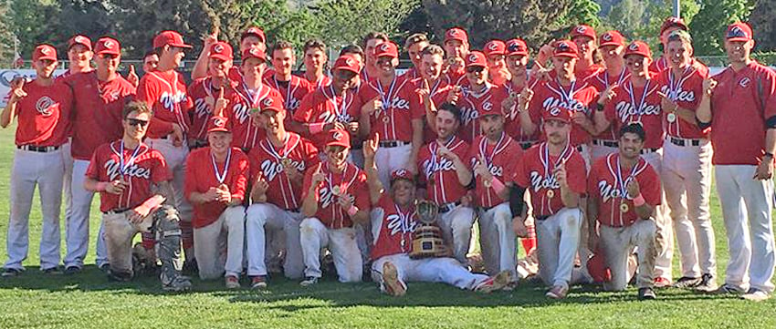 <who>Photo Credit: Contributed </who>The Okanagan College Coyotes celebrate their first-ever CCBC championship in Kamloops on Sunday.