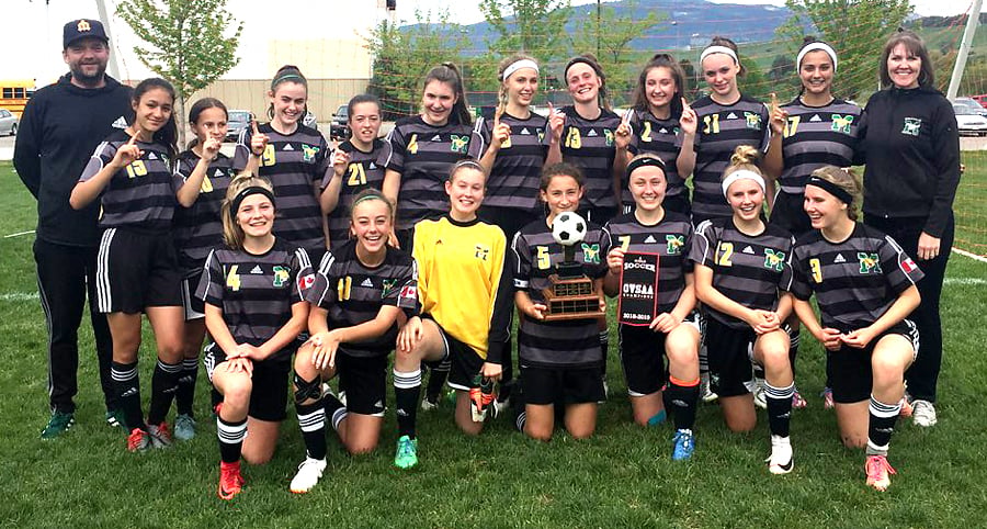 The Immaculata Mustangs won four straight games on the way to capturing the Okanagan Valley 1A girls soccer championship in Vernon. Members of the winning team, are, from left, front: Anna Hopley, Taylor Melnyk, Samantha Cruickshank, Antonella Feeny (captain), Mikayla Holroyd, Sarah Donick and Kyra Donick. Back: Louis Drummond (coach), Sofia De Pieri, Emma Urich, Ella Krete, Piper Barta, Taylar Janicki, Talia Kantautas, Flora Watt, Savannah Clarkson, Trinity McCoy, Jordyn Lombardi and Freya Vos (manager)