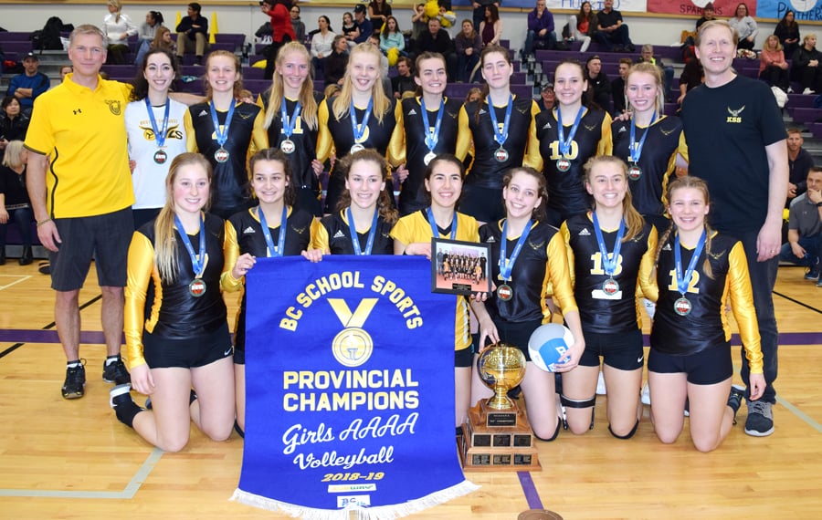 <who>Photo Credit: Contributed </who>The Kelowna Owls display their medals, BCSS banner and trophy after winning the B.C. senior AAAA championship in Penticton. Members of the team are, from left, front; Makayla Savege, Sydney Hope, Thea Gremmen, Hannah Pagliaro, Jenna Bain, Jenna Holland and Sarah Bernacki. Back: Kelly Hettinga (Head Coach), Sam Temme (Assistant Coach), Hannah Greene, Madelyn Hettinga, Jaalah Ward, Sophie Lachapelle, Amelia Anderson, Sarah Hall, Karleigh Podolsky and Vern Ward (Assistant Coach).