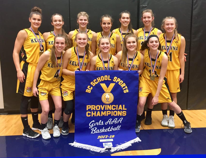 <who>Photo Credit: Contributed </who>The Kelowna Owls display the much-coveted B.C. School Sports provincial senior AAA girls championship banner following their final-game victory over the Walnut Grove Gators of Langley. Members of the team coached by Darren Semeniuk, Heather Semeniuk and QuentinThieseen are, from left, front: Kasey Patchell, Rachel Hare, Dez Day, Kassidy Day and Kyara Klempner. Back: Taya Hanson, Rylee Semeniuk, Kennedy Dickie, Paige Watson, Jaeli Ibbetson, Jordan Kemper and Jenna Holland.