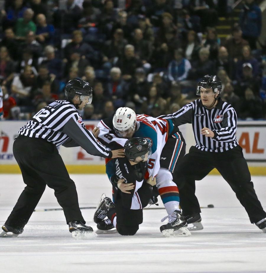 <who>Photo credit: KelownaNow - Cal Foote with one fight and one assist in the game</who>