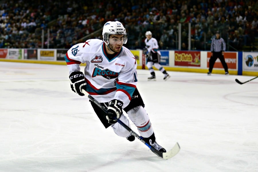<who>Photo Credit: KelownaNow</who>Dillon Dube was one of the better forwards for the Rockets on Sunday, adding an assist and creating quite a bit of momentum for his team. 