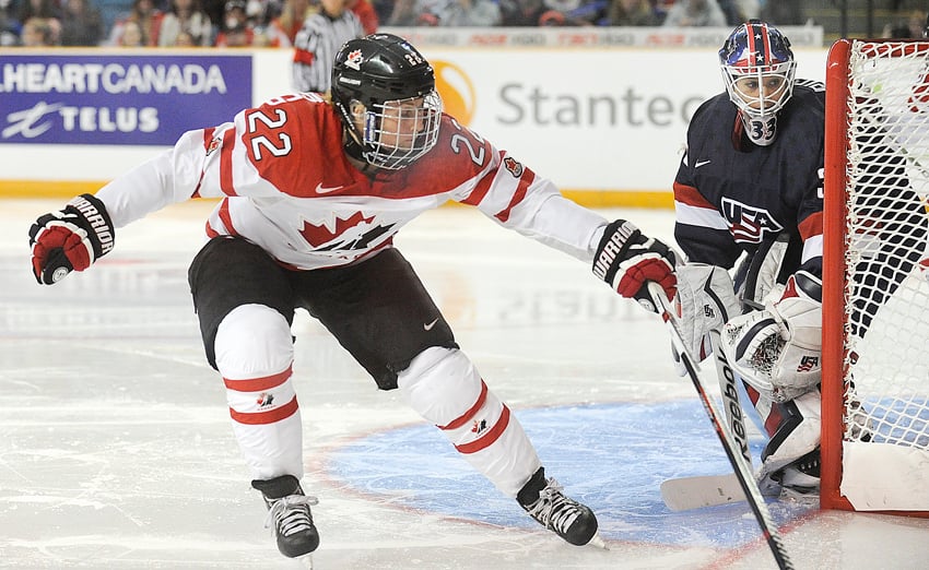 <who>Photo Credit: Lorne White/KelownaNow.com </who>Living legend, Hayley Wickenheiser forechecks against the U.S. in a scoreless second period.