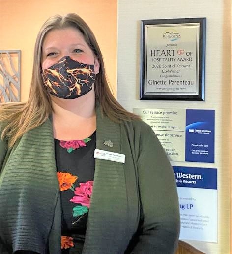 </who>Ginette Parenteau, the sales director at Kelowna Best Western, was the co-winner of the Spirit of Kelowna trophy at the Kelowna Hotel Motel Association's Heart of Hospitality Awards.