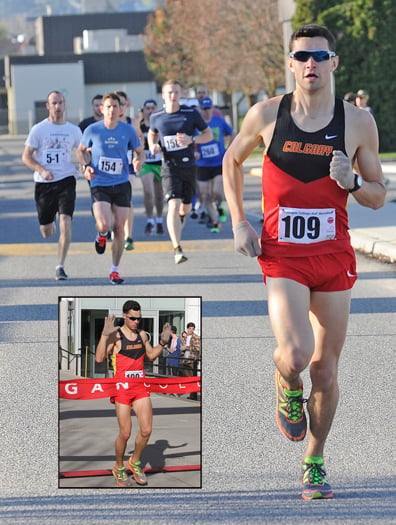 <who>Photo Credit: Lorne White and Kelsey Davis (inset)/KelownaNow.com </who>Brad Bickley led from start to finish in Sunday's 14th annual <br>Okanagan College Half Marathon.