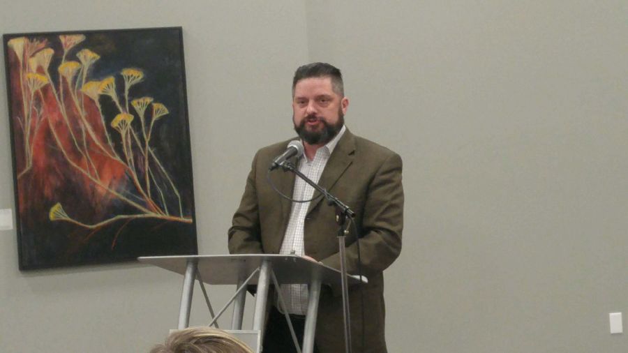 Penticton business owner Jason Cox, shown earlier this week at a debate between himself and incumbent Mayor Andrew Jakubeit and challenger John Vassilaki, says the time has come for a new vision and new leadership he would provide if elected mayor on Oct. 20.