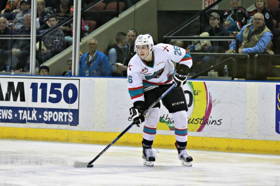 <who>Photo Credit: KelownaNow</who>Veteran forward Cole Linaker played a strong game, and fed Southam on the Rockets' first goal. Linaker also completes an impressive career in the WHL.