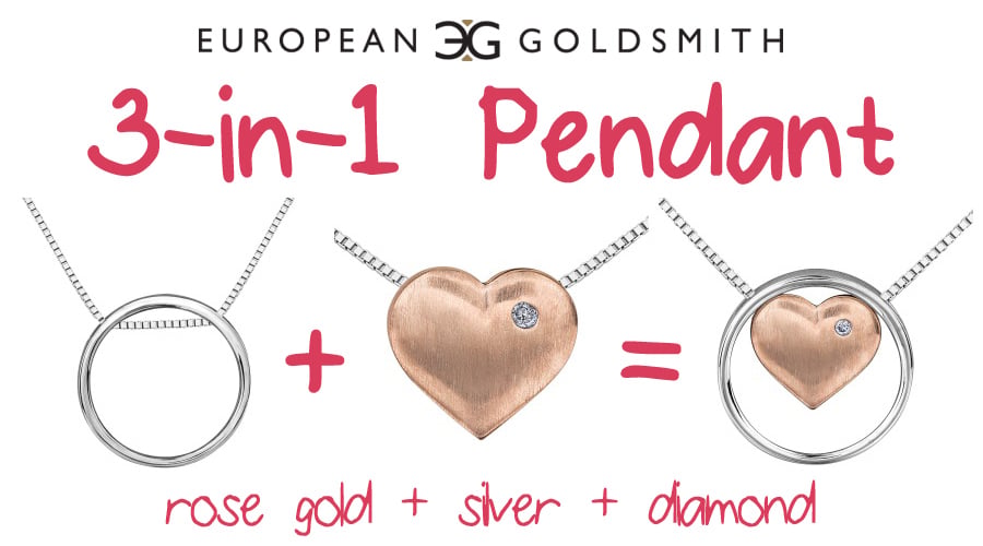 The traditional heart-shape pendant gets a modern update thanks to rose gold. This particular pendant is also practical, offering 3 style options in 1!