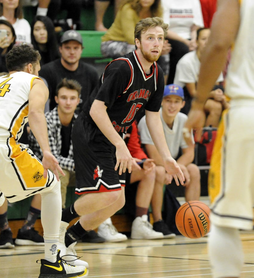 <who>Photo Credit: Lorne White/KelownaNow </who>Former Kelowna Owl, Matt Lafontaine, scored 19 points in OC's loss to Ambrose on Saturday.