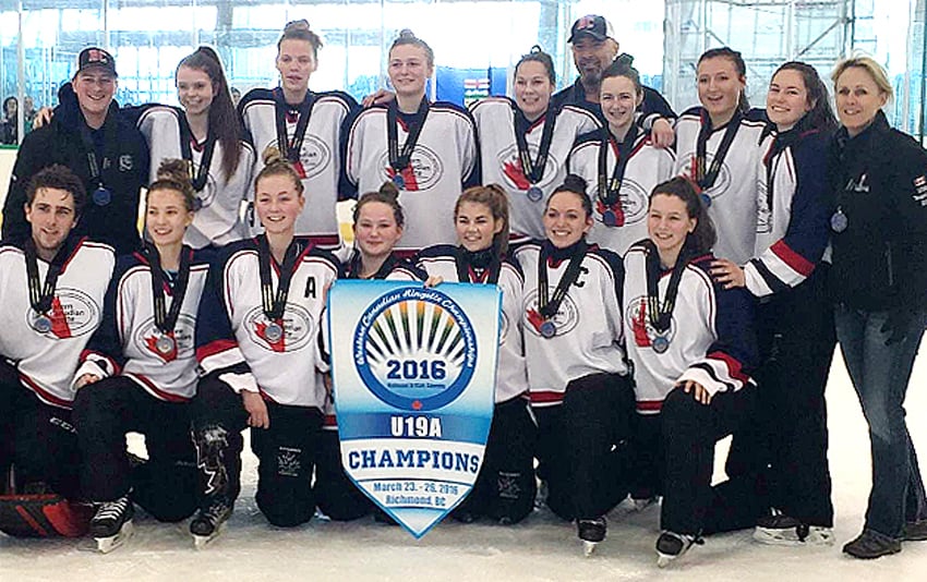 <who>Photo Credit: Lorne White/KelownaNow </who>The Kelowna Heat added a Western Canadian championship to their B.C. provincial gold medal during the Spring Break by winning four of five games in Richmond. Members of the Western Canadian champs are, from left, front: Jordan Reynolds, Jordy Cates, Morgan Evans, Emily Thomas, Keely Horning, Stephanie Russo and Samantha Weigel. Back: Zach Wynn, Mackenzie Barton, Emma Paradis, Natalie Hope, Kiana Wong, Dan Pilon (coach), Caitlin Pineau, Morgan Irvine, Taylor Pilon and Debbie Asling (coach). Missing: Morgan Asling. 