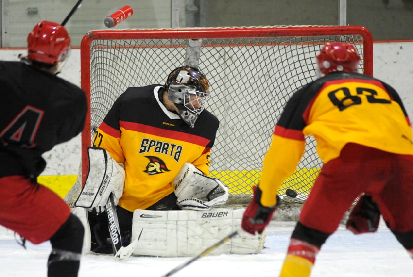 <who>Photo Credit: Lorne White/NowMedia </who>The North Island Capitals score their first of three goals against goaltender Shane Mainprize in a 9-3 loss.