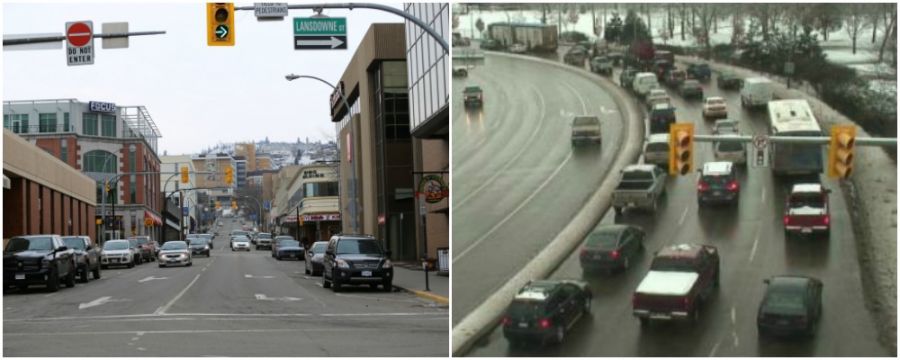 <who> Photo Credit: KelownaNow (L) and DriveBC (R). </who> Which is more of a pain, one-way streets or Highway 97?