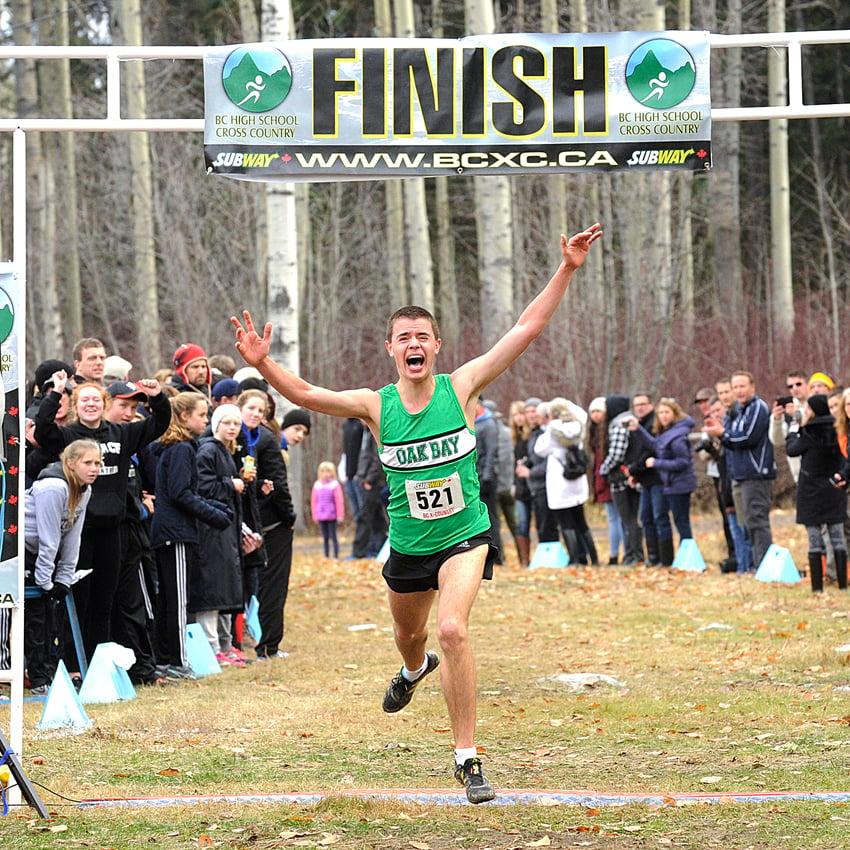 <who>Photo Credit: Lorne White/KelownaNow </who>Tyler Dozzi of Oak Bay Secondary in Victoria celebrates his win in the senior boys event.