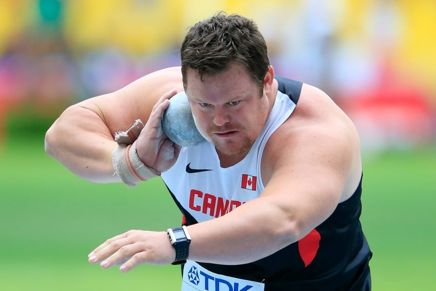 <who>Photo Credit: Jamie Squire/Getty Images</who> Dylan Armstrong competes in the Men's Shot Put qualification during Day Six of the 14th IAAF World Athletics Championships Moscow 2013 at Luzhniki Stadium on Aug. 15, 2013 in Moscow, Russia. 