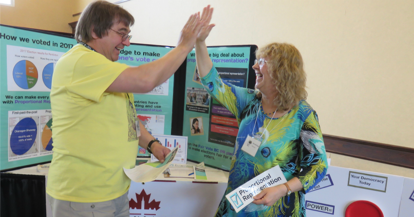 <who>Photo Credit: Contributed </who>South Okanagan Similkameen Fair Vote team chair Diana McGregor is seen with supporter Tom Hoenich at an event about proportional representation earlier in 2018.