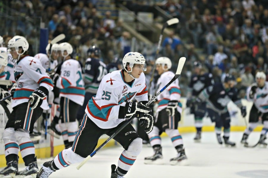 <who>Photo Credit: KelownaNow</who>Rookie defenceman Cal Foote assisted on the Rockets' lone goal and skillfully managed the puck in the offensive zone.