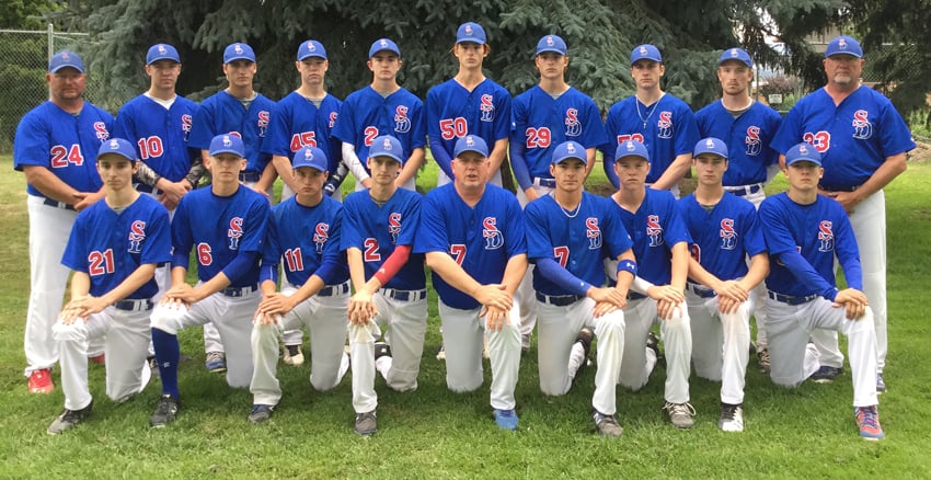 The Kelowna Sun Devils begin their quest for a second straight provincial 18U championship on Thursday. Members of the team are, from left, front: Jack Janzen, David Osborn, Blake Badger, Spencer Klassen, Rob Law (head coach), Jaimes Guidon, Tyson Lamb, Dreyton Nelmes and Nathan Ringness-Law. Back: Derek Renneberg (pitching coach), Jordan Laidlaw, Matt Fuchs, Connor Lamb, Logan Bligh, Adam Renneberg, Brady Renneberg, Jackson Sowerby, Ethan Soroka and Jeff Bligh (assistant coach).