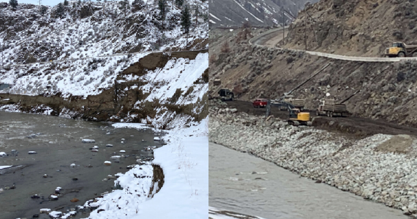 <who> Photo Credit: Province of BC </who> Repairs to the road about 20.7 km east of Spences Bridge.