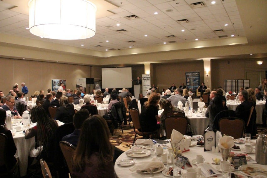 <who> Photo Credit: KelownaNow </who> Local leaders meet the Chamber of Commerce to discuss a Trump presidency. 