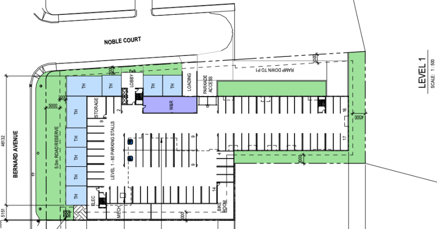 <who> Photo Credit: City of Kelowna </who> The first level of the proposed building, showing orientation to Bernard Avenue.