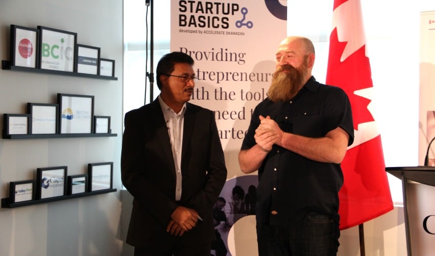 <who> Photo Credit: KelownaNow </who> Left to Right: Raghwa Gopal, CEO of Accelerate Okanagan and Dr. Lincoln Smith, executive director of Kamloops Innovation.