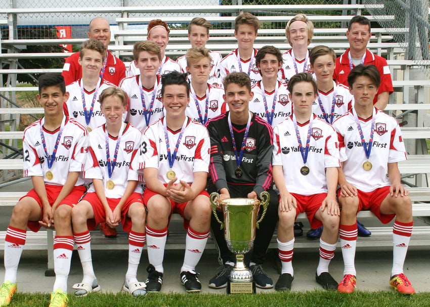 <who>Photo Credit: Contributed </who>A three-goal outburst in the second half led to a 4-0 Kelowna United win over the Kamloops Blaze in the TOYSL U15 title match on the weekend in Kamloops. With the victory, United will represent the Thompson-Okanagan at the BC Soccer Provincial B Cup in Vernon next month. Members of the KU team are, from left, front: Matteo Sasso-Avila, Jayden Bridge, Jaden Lohn, Eric Dueck, Zack MacInnes and Kai Hagan. Middle: Cole McEwan, Lee Arnesen, Gavin Lawlor, Micah Dryden and Stephano Poloni. Back: Otto Lohn (coach), Noah Kroeker, Kale Mistal, Eli Dorin, Nathan Gilbert and Chuck McEwan (assistant coach). Missing: Adam Love and Connor Laing.