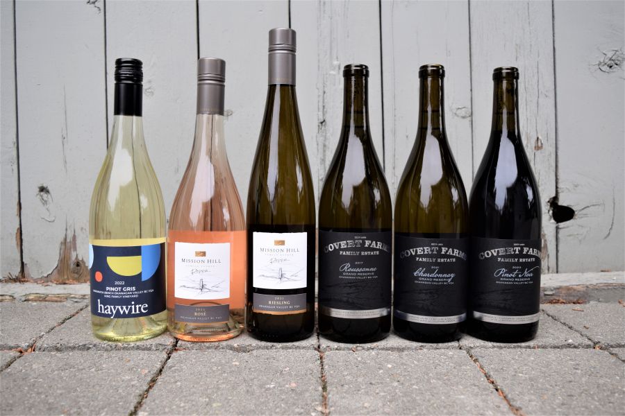 </who>Any of these Okanagan bottles pairs nicely with spring sunshine. From left, Haywire 2022 King Family Vineyard Pinot Gris ($29), Mission Hill 2022 Reserve Rose ($26), Mission Hill 2021 Reserve Riesling ($25), Covert Farms Grand Reserve 2017 Roussanne ($38), Covert Farms Grand Reserve 2021 Chardonnay ($57) and Covert Farms Grand Reserve 2020 Pinot Noir ($36).