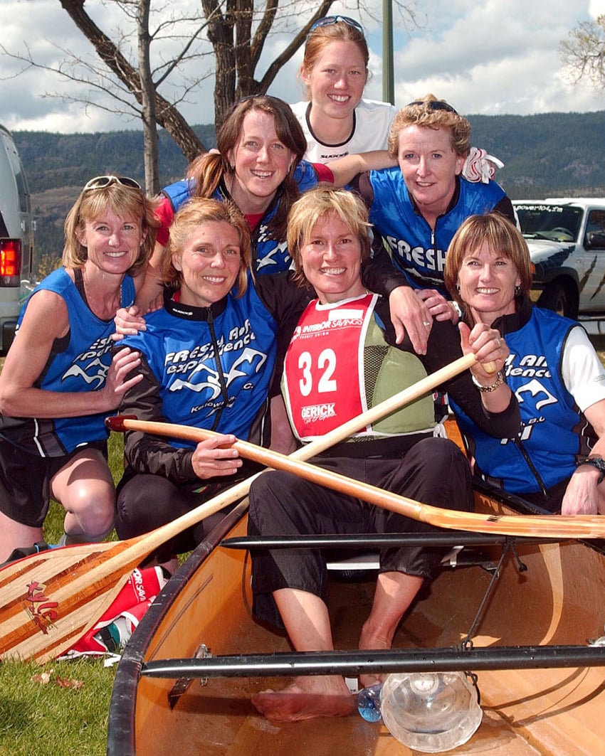 <who>Photo Credit: Lorne White/KelownaNow </who>The winning women's team in the 2004 Ski2Sea race from Big White to Hot Sands Beach at Kelowna City Park: From left, front: Cindy Rhodes, Laurie Charbonneau, Mel Durban and Laurelee Nelson. Back: Jenn Schultz, Meghan Molnar and Helen Munro.