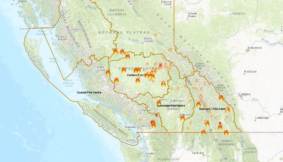 <who>Photo Credit: BC Wildfire Service</who>A map of forest fires in Central B.C. as of 7:15 a.m. on Tuesday, August 29th.