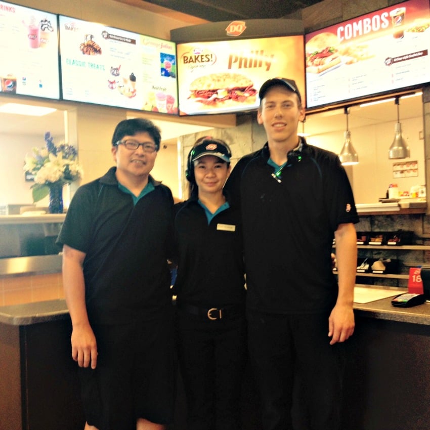 <who> Dairy Queen Glenmore Summit Drive (L to R): General manager Sherwin Santos; store manager Kathlene Berin; store manager Colton Malmsten. 