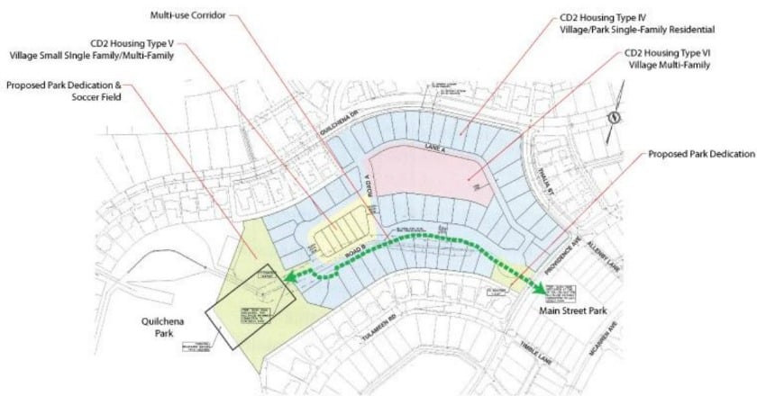 </who>Details of the proposed development, including a multi-use roadway and parkland.