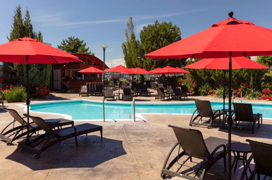 </who>Plenty of loungers and umbrellas at the Delta Grand's pool.