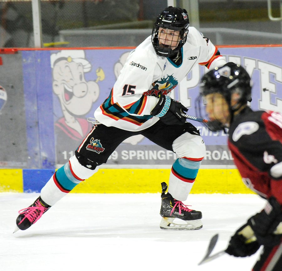 <who>Photo Credit: Lorne White/KelownaNow </who>Porter Trevelyan drives towards the net in the second period of the Rockets' second game against Valley West.
