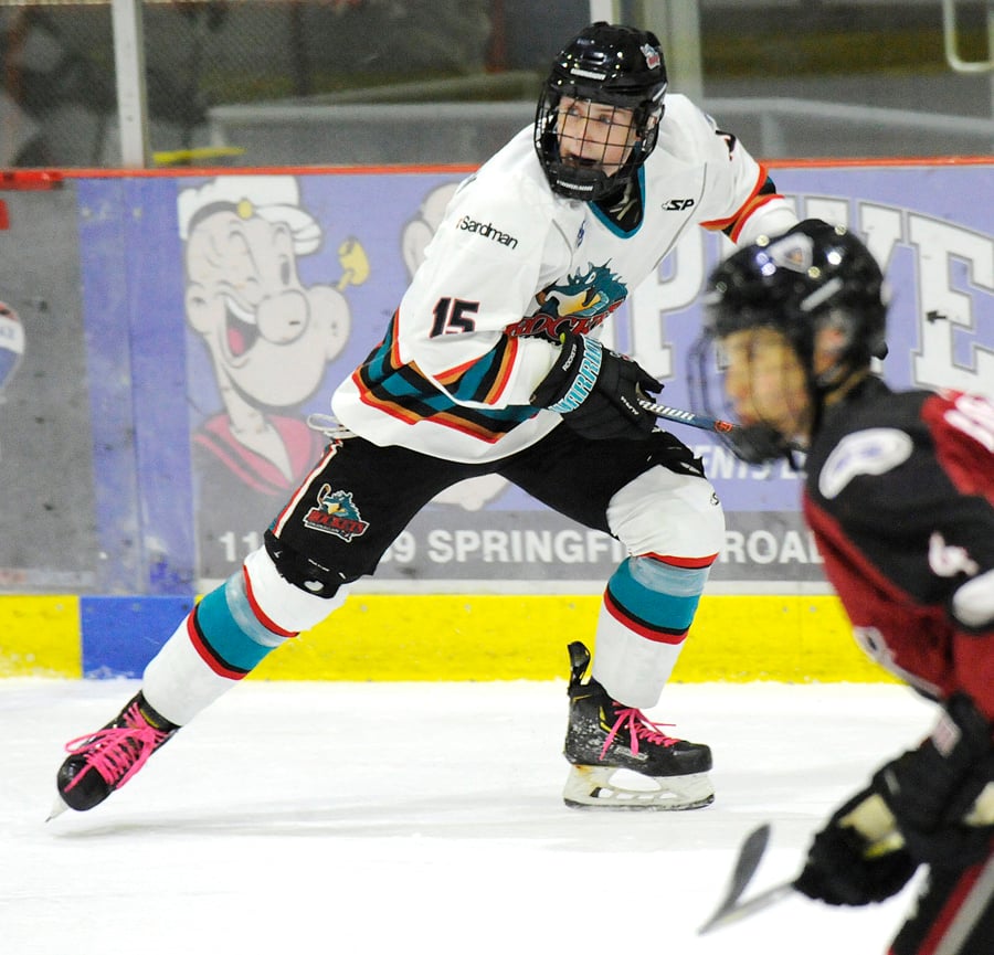 Porter Trevelyan drives towards the net in the second period of the Rockets' second game against Valley West.